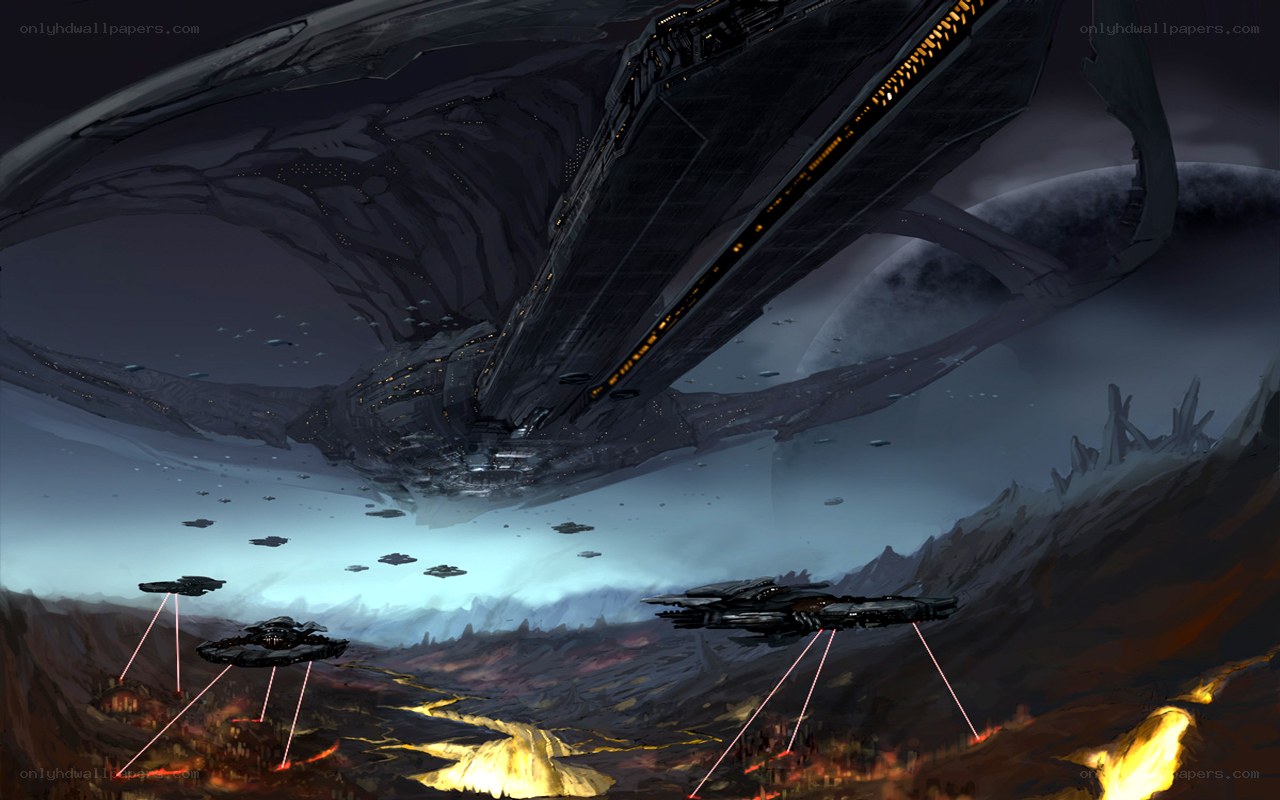 Alien fleet over volcanic planet