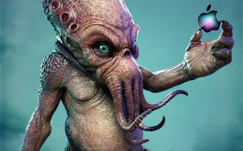 alien holding apple logo