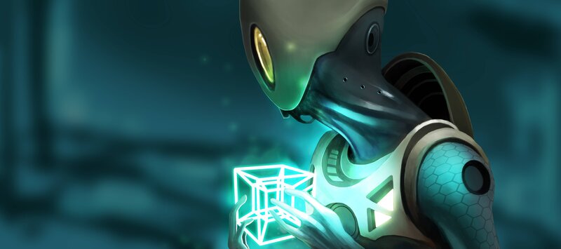 alien holding glowing cube