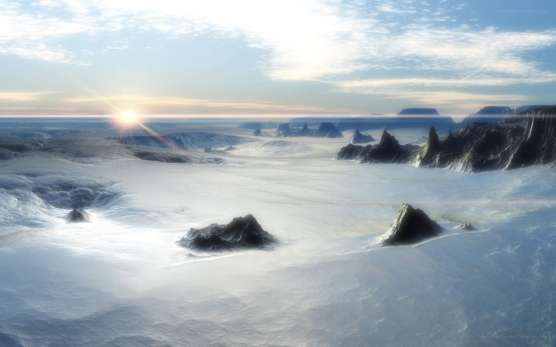 alien icy landscape at sunrise