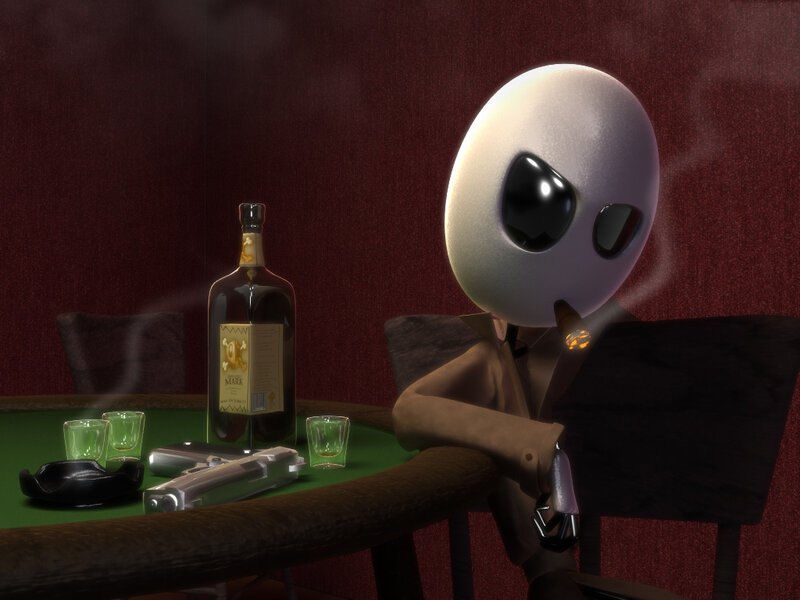 alien in a dimly lit room