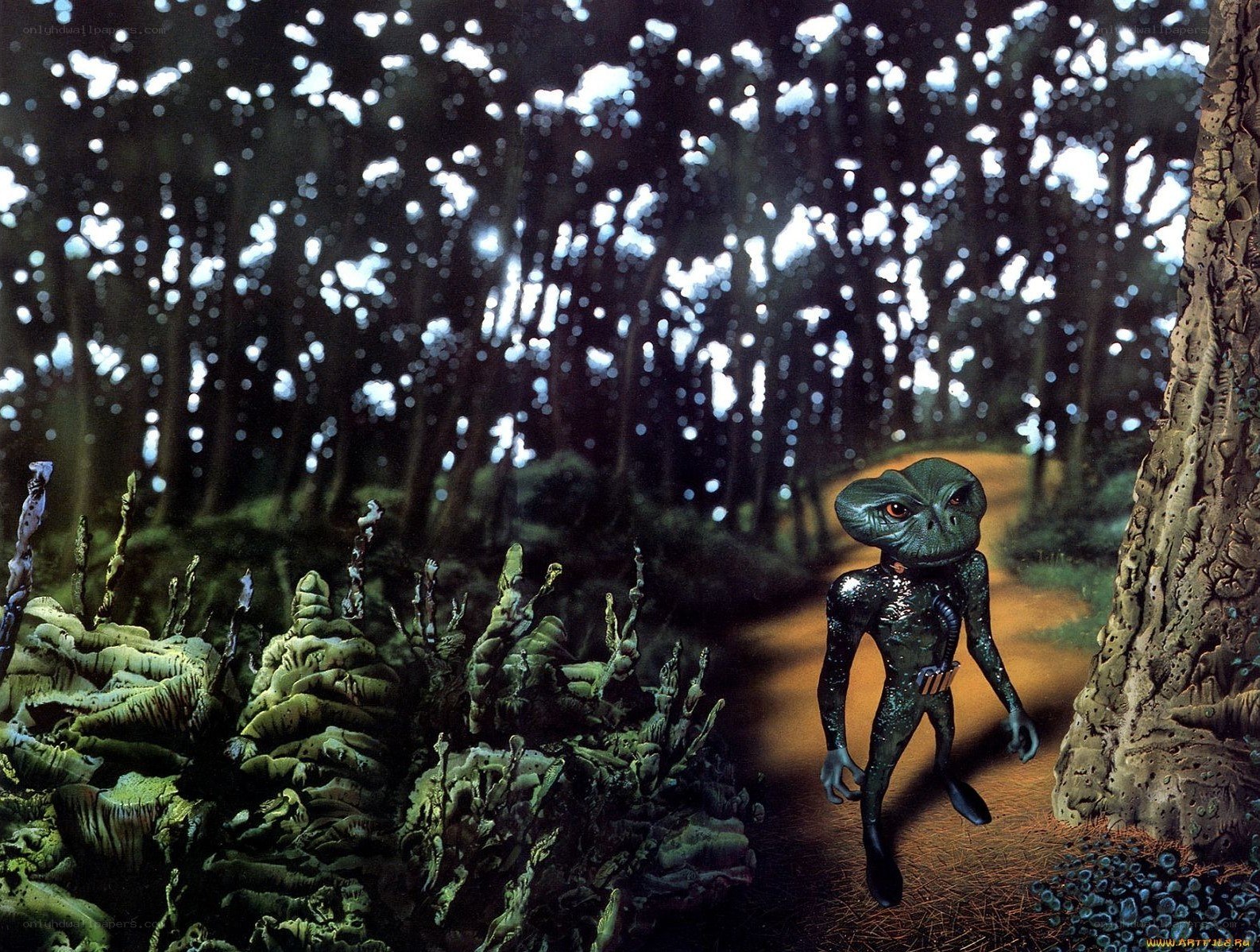 alien in a forest path