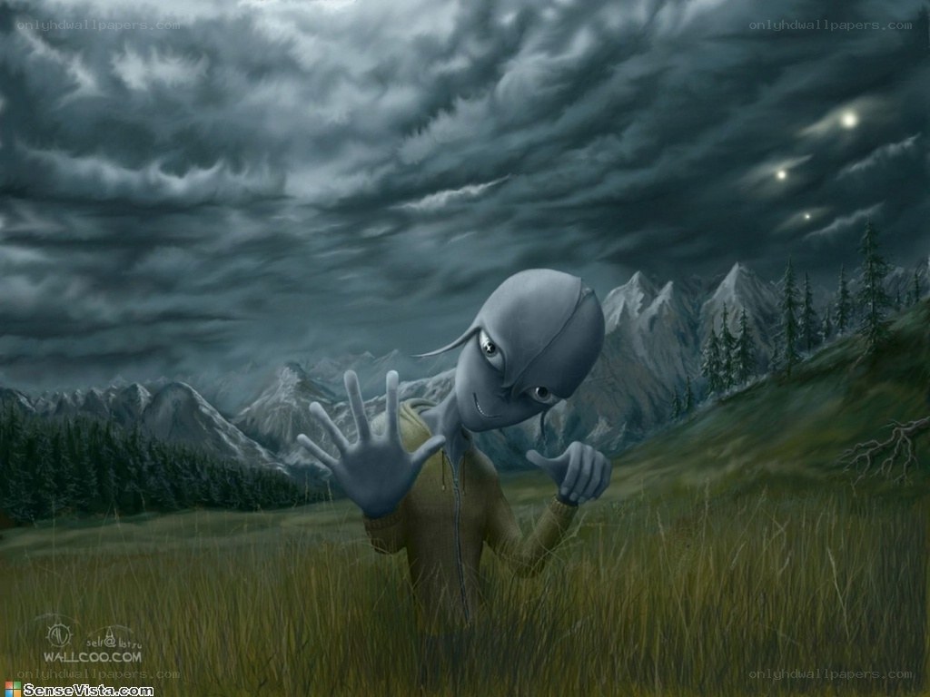 alien in a grassy field