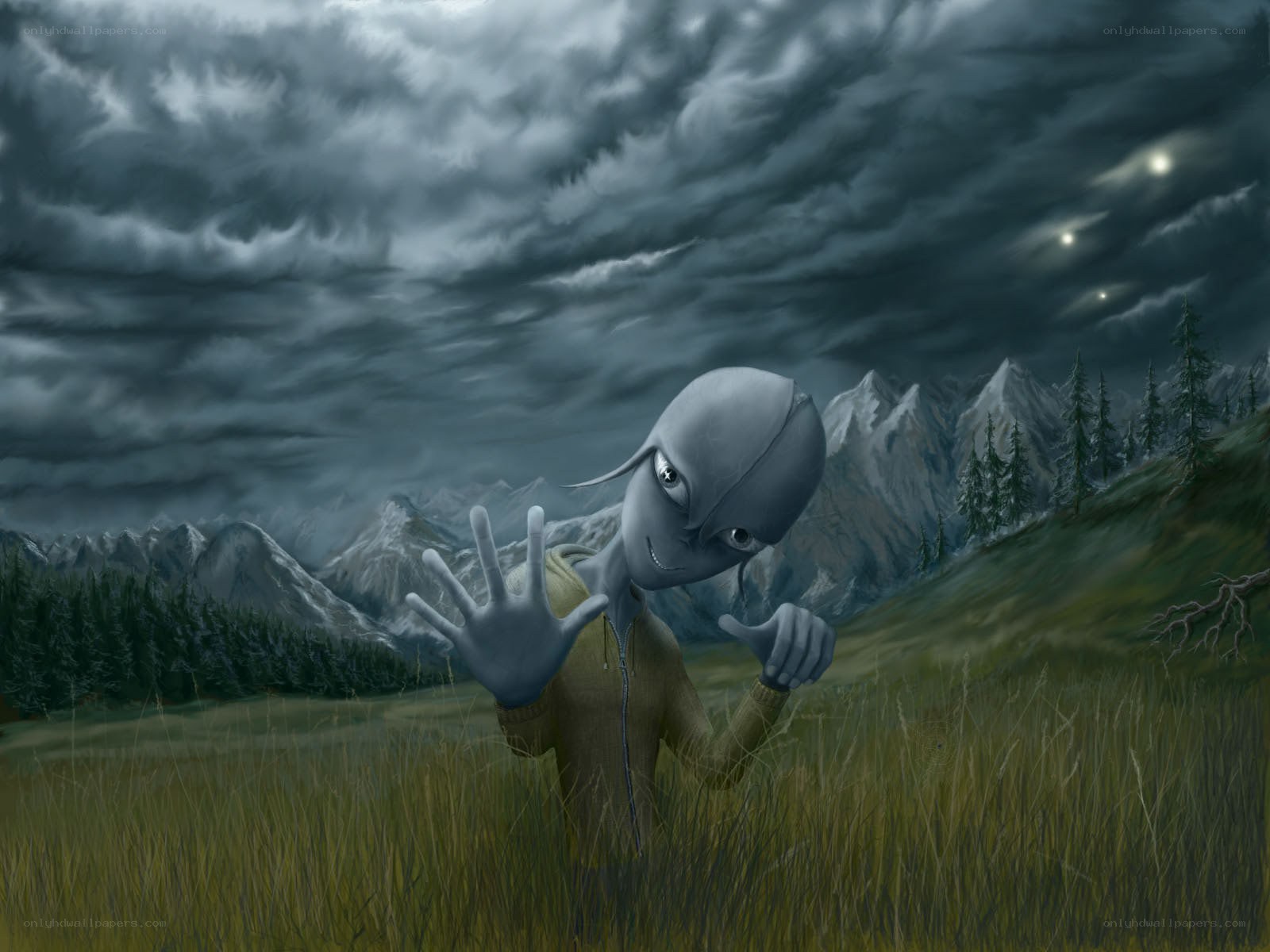alien in a mountain field