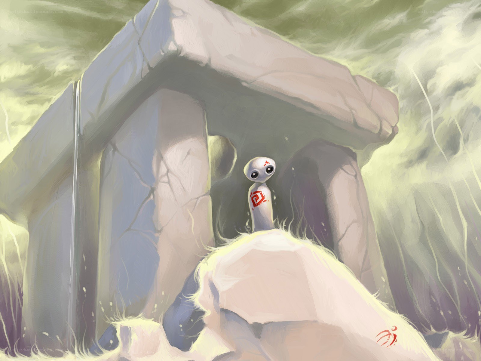 alien in a stone shelter