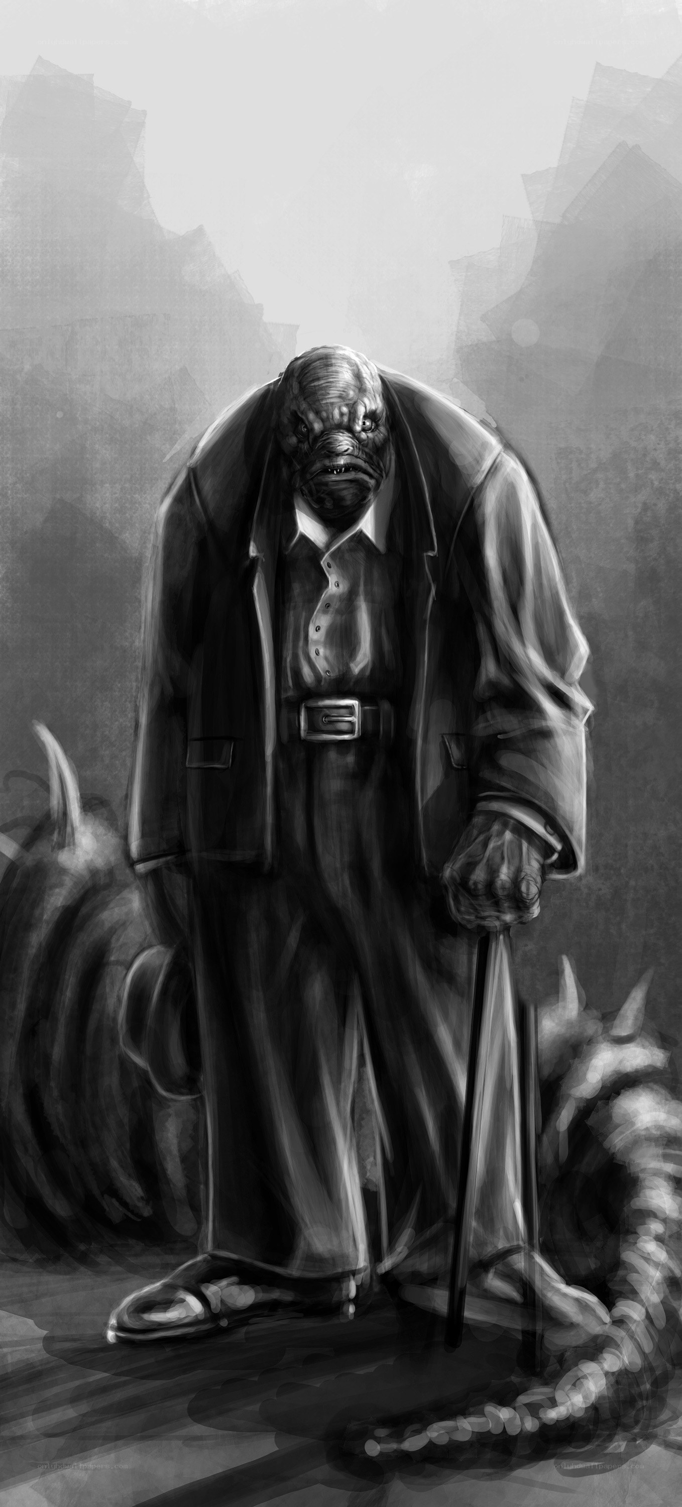 alien in a suit with cane