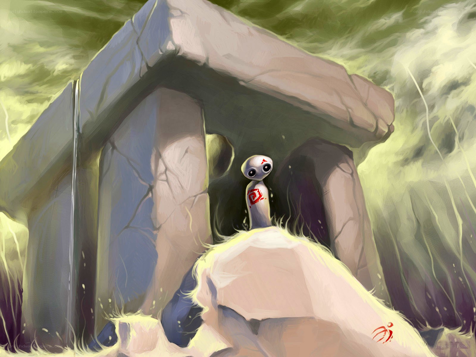 alien in ancient stone shelter