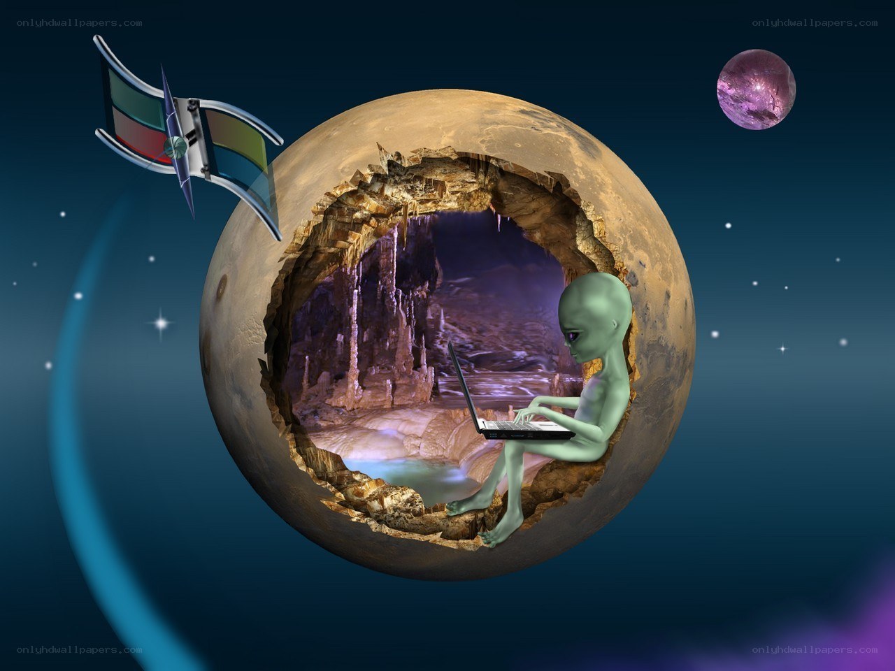 alien in cave with laptop