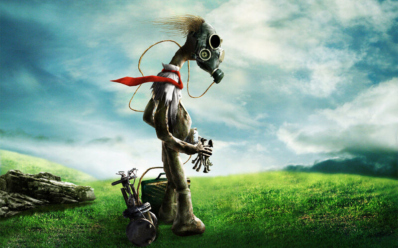 alien in gas mask on grass