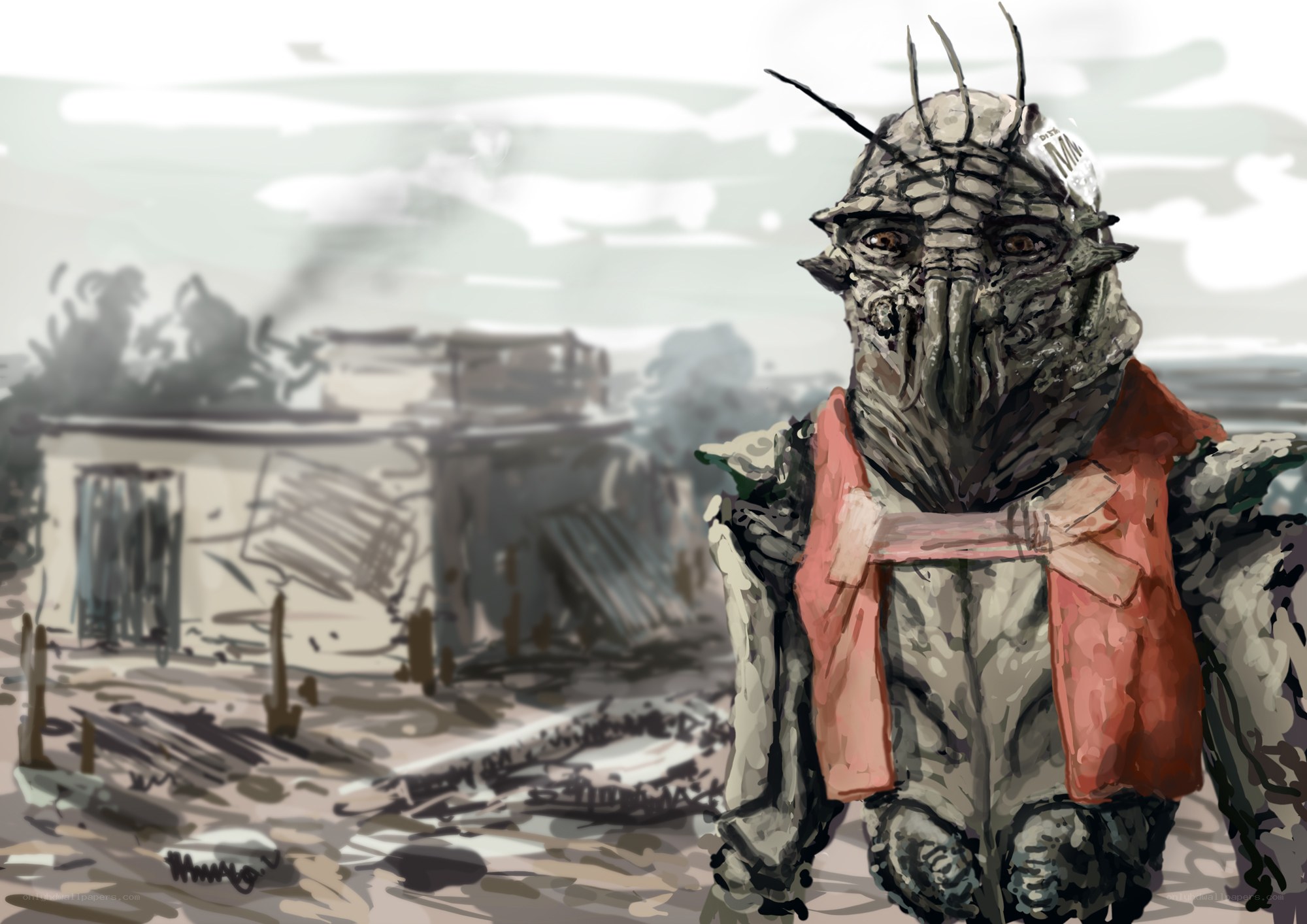 alien in ruined city