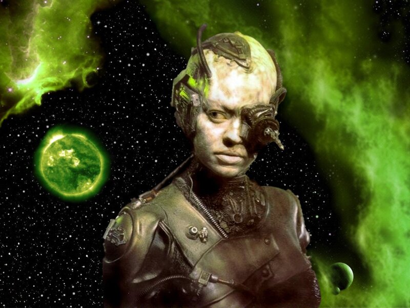 alien in space with green nebula
