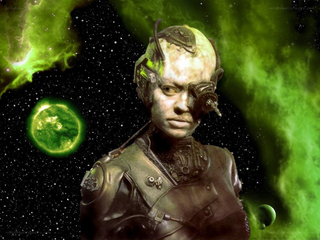 alien in space with green nebula