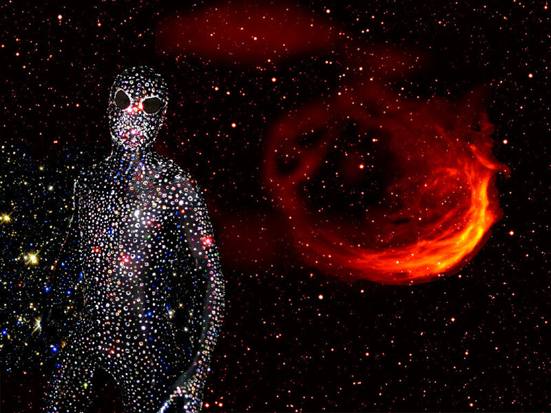 alien in space with nebula