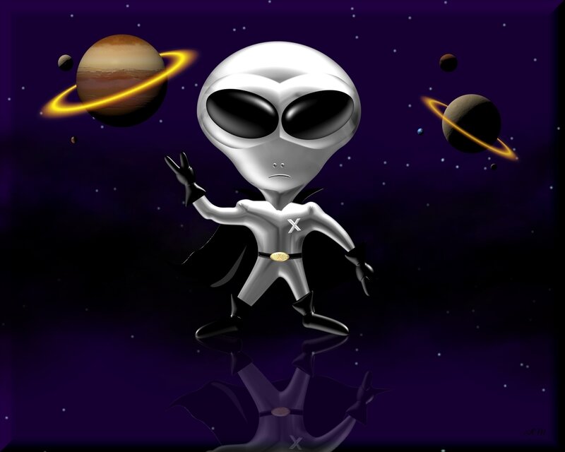 alien in space with planets
