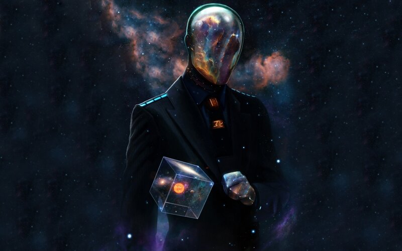 Alien in Suit Holding Cube