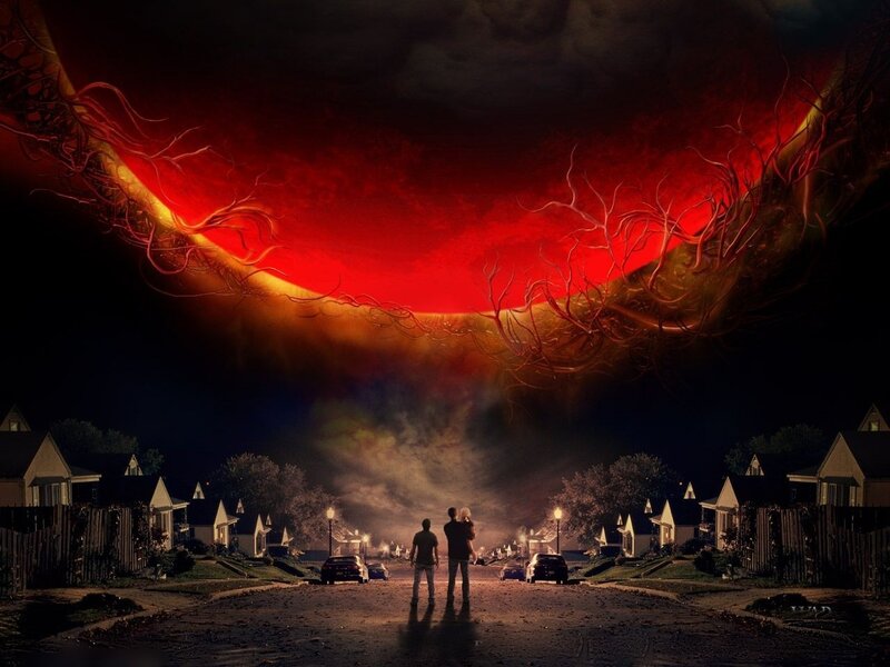 Alien invasion over suburban street
