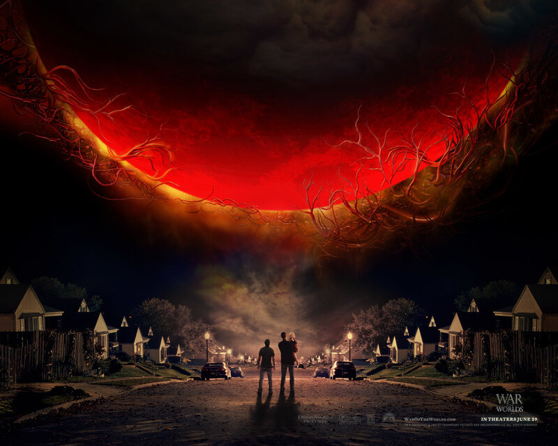 Alien invasion over suburban street