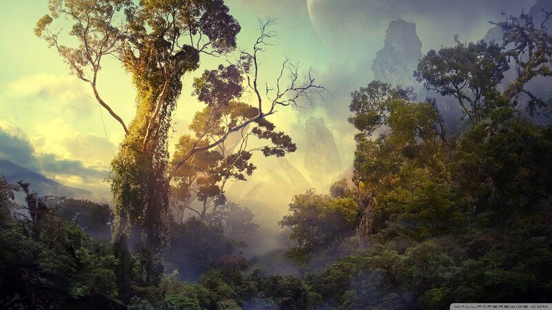Alien Jungle Landscape — Green, Serene, Morning, Digital Art, Trees, Mountains