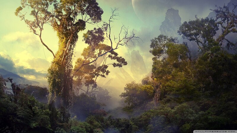 Alien Jungle Landscape — Green, Serene, Sunset, Digital Art