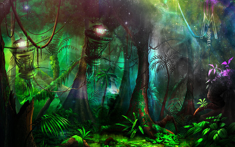 alien jungle with glowing structures