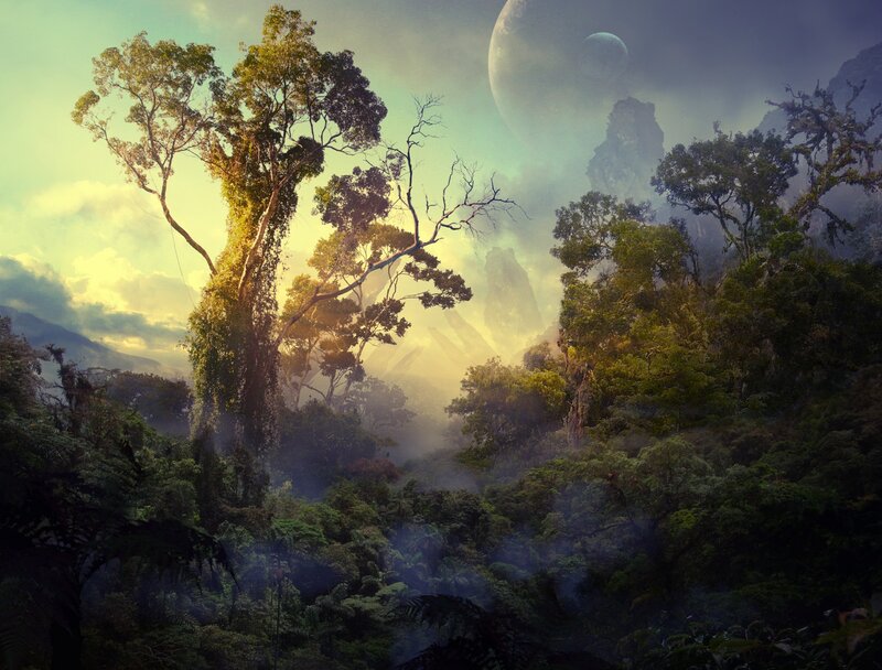 alien jungle with twin moons