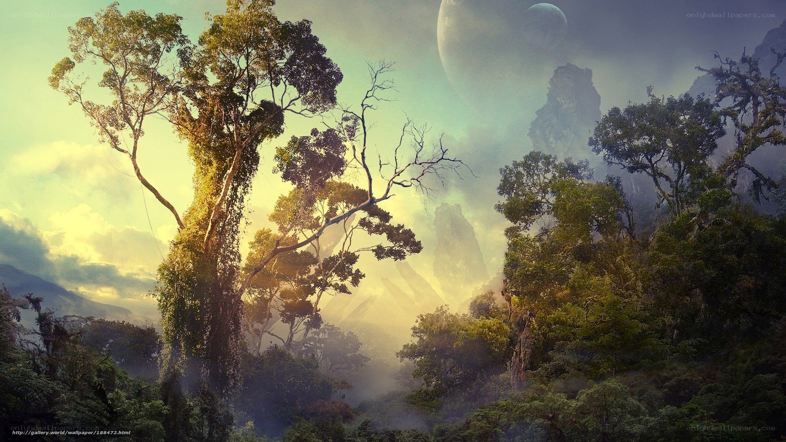 alien jungle with twin moons
