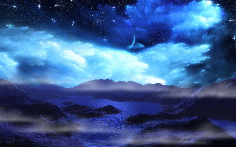 Alien Landscape at Night — Blue, Dramatic, Digital Art, Mountains