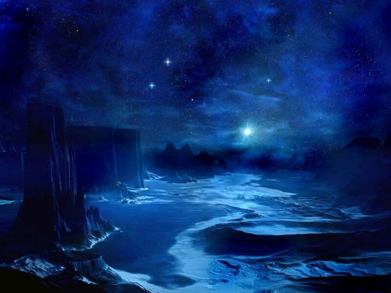 Alien Landscape at Night — Blue, Dramatic, Digital Art, Stars, Cliffs, River