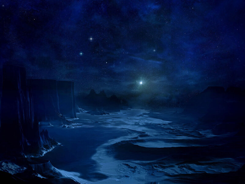 Alien Landscape at Night — Blue, Dramatic, Digital Art, Stars