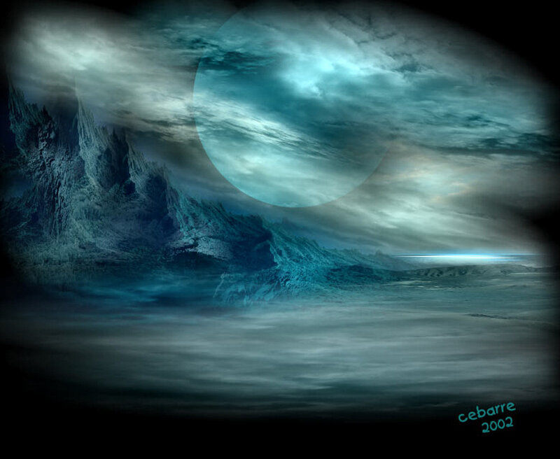 Alien Landscape at Night — Blue, Dramatic, Digital Art