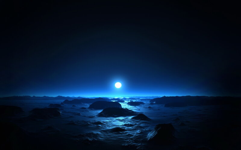 Alien Landscape at Night — Blue, Serene, Digital Art, Moon, Rocks, Sky