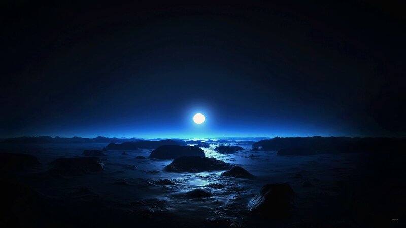 Alien Landscape at Night — Blue, Serene, Digital Art, Moon, Rocks