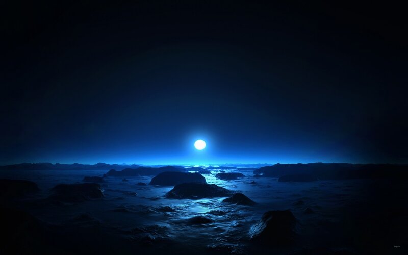 Alien Landscape at Night — Blue, Serene, Digital Art, Moon