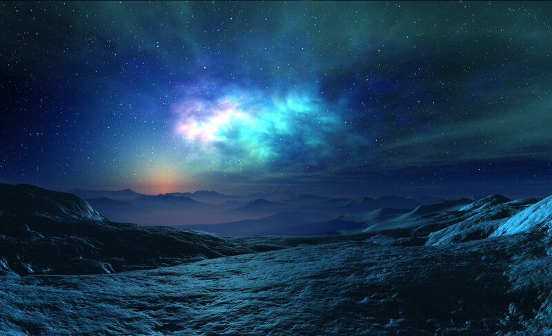 Alien Landscape at Night — Blue, Serene, Digital Art, Mountains
