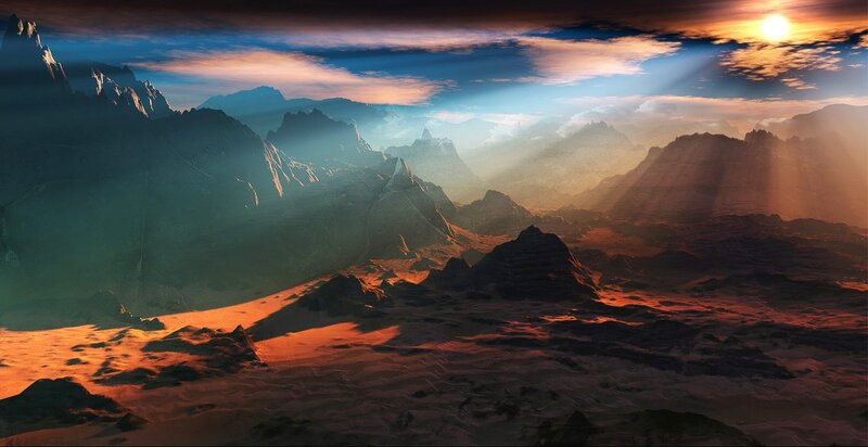 alien landscape at sunset