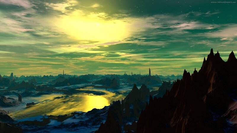 Alien Landscape at Sunset — Green, Dramatic, Digital Art, Mountains, River