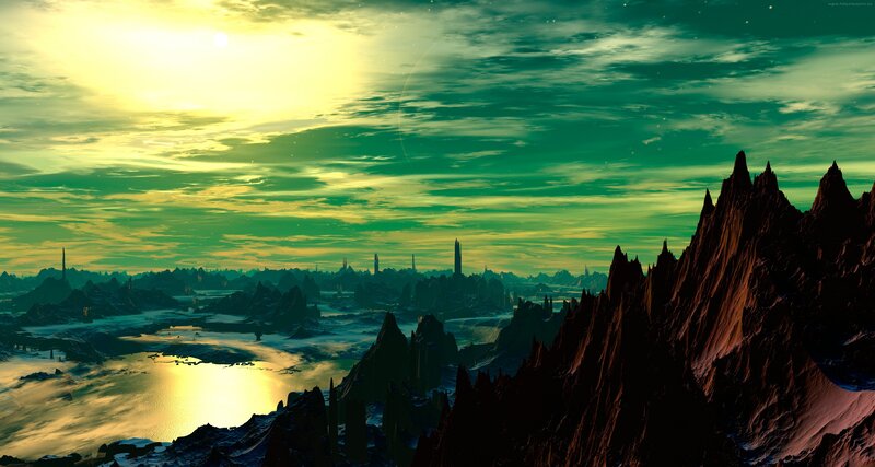 Alien Landscape at Sunset — Green, Dramatic, Digital Art, Mountains