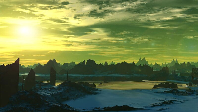 Alien Landscape at Sunset — Green, Dramatic, Digital Art