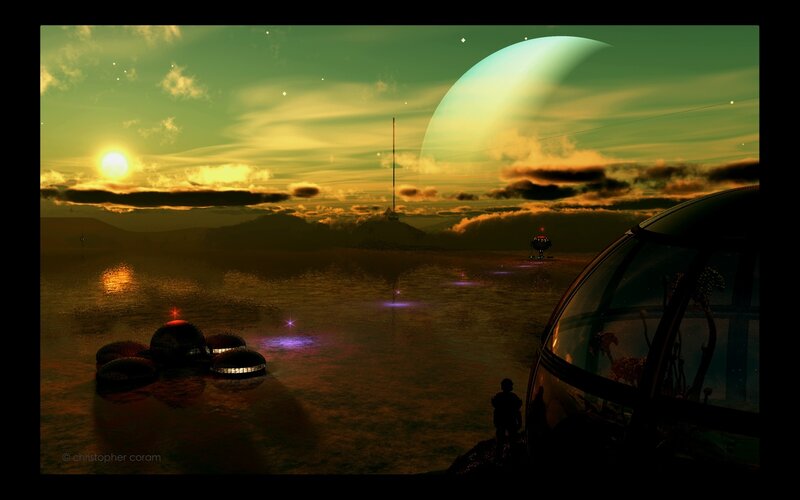Alien Landscape at Sunset — Green, Serene, Digital Art