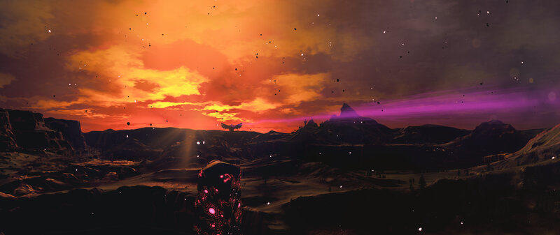 Alien Landscape at Sunset — Orange, Dramatic, 3d Render, Mountains