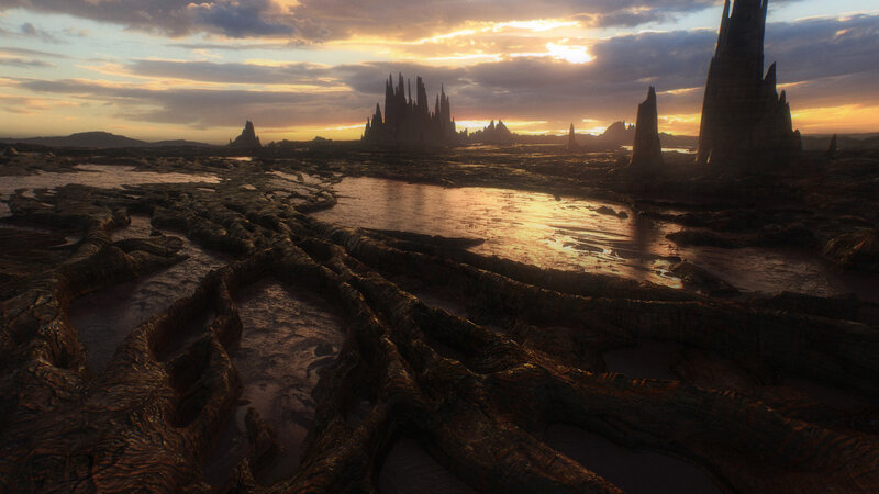 Alien Landscape at Sunset — Orange, Dramatic, 3d Render, Rock Formations