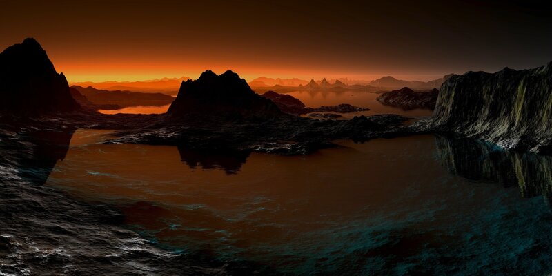 Alien Landscape at Sunset — Orange, Dramatic, 3d Render