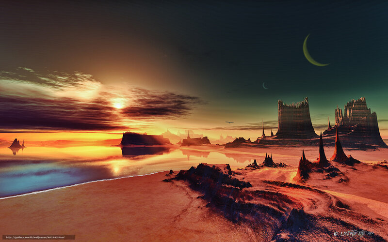Alien Landscape at Sunset — Orange, Dramatic, Digital Art, Moon