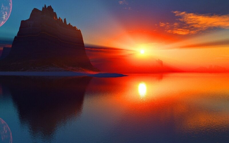 Alien Landscape at Sunset — Orange, Dramatic, Digital Art, Mountain