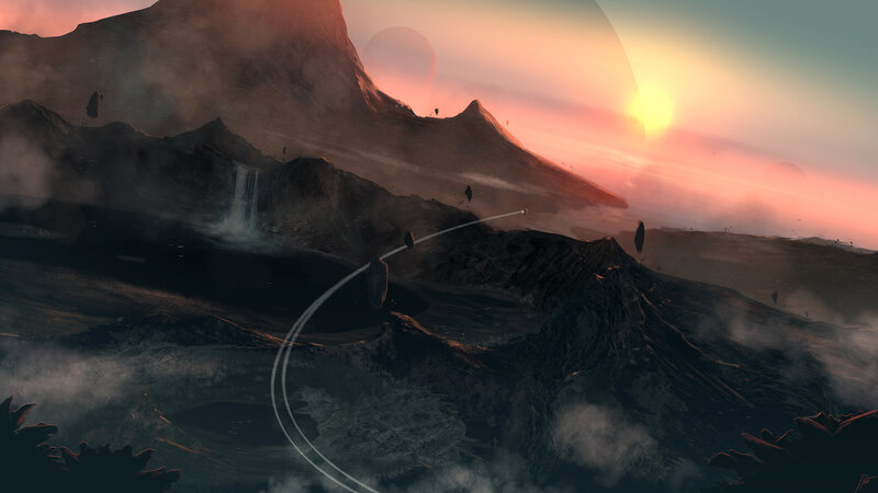 Alien Landscape at Sunset — Orange, Dramatic, Digital Art, Mountains, Falling Rocks