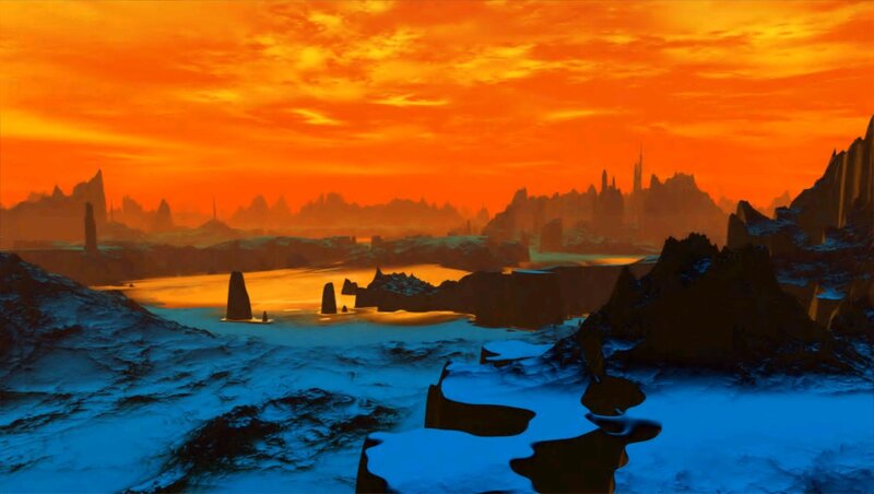 Alien Landscape at Sunset — Orange, Dramatic, Digital Art, Mountains, River