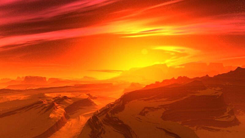 Alien Landscape at Sunset — Orange, Dramatic, Digital Art, Mountains, Sky, Sun, Red