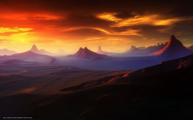 Alien Landscape at Sunset — Orange, Dramatic, Digital Art, Mountains, Sky, Sun