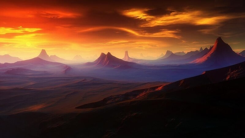 Alien Landscape at Sunset — Orange, Dramatic, Digital Art, Mountains, Sky