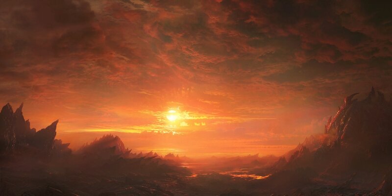 Alien Landscape at Sunset — Orange, Dramatic, Digital Art, Mountains, Sun